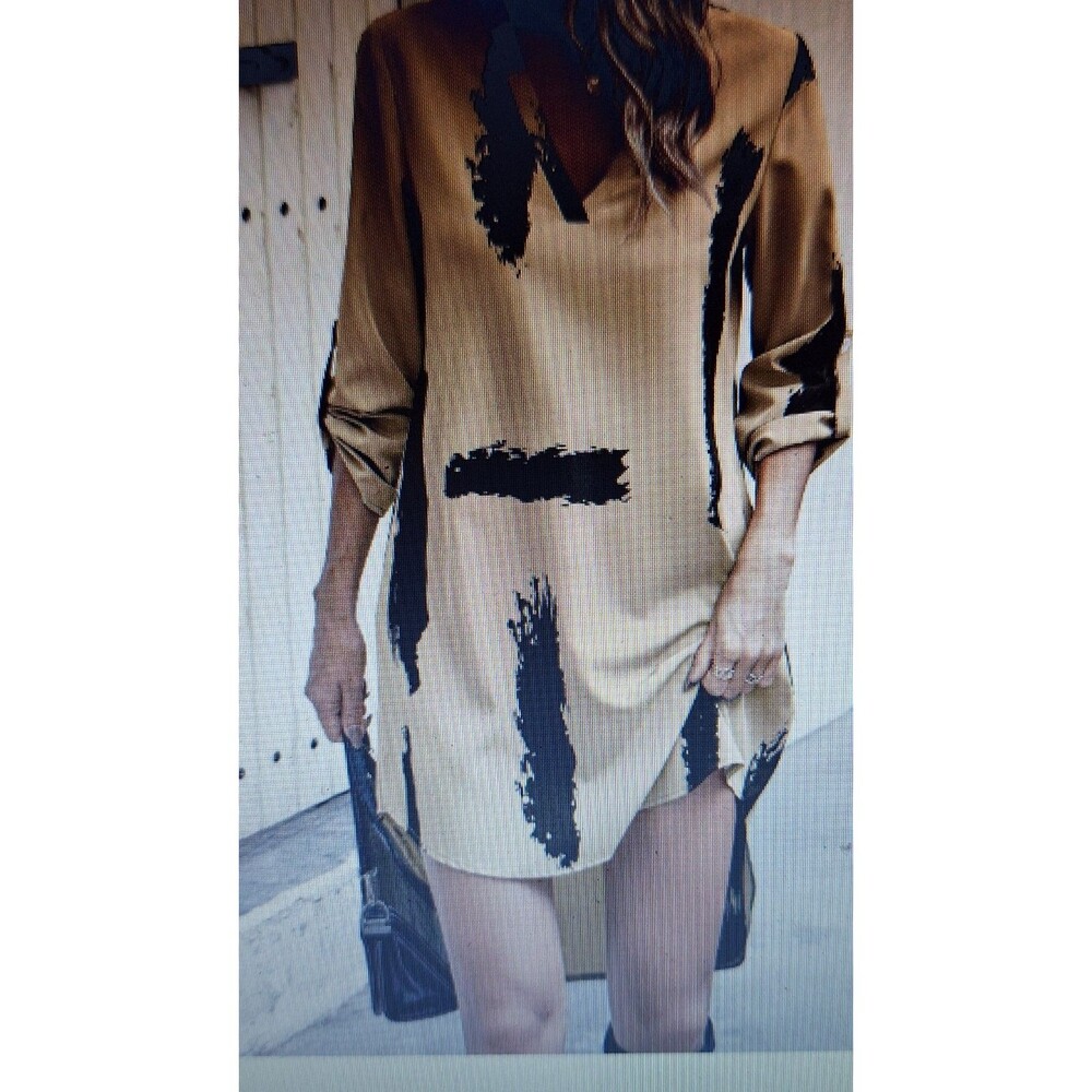 Emery‎ Rose Tan/Black Print V Neck Long Sleeve High Low Hem Blouse size XLARGE